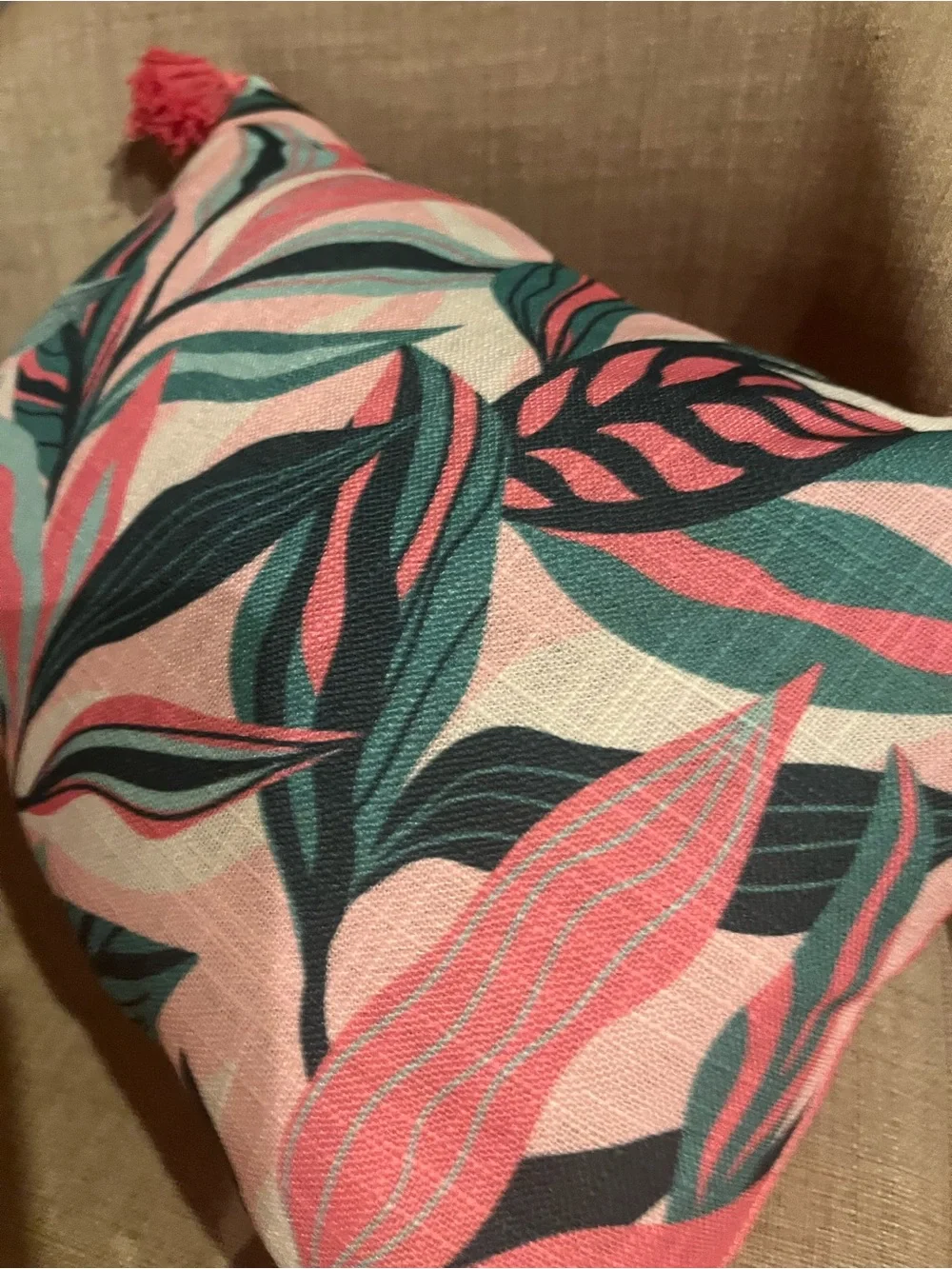 Tropical Leaf Print Accent Pillow with Coral Tassels (NWOT)